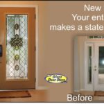 New fiberglass front door with matching side window installed in front entryway using ODL Aragon glass door insert