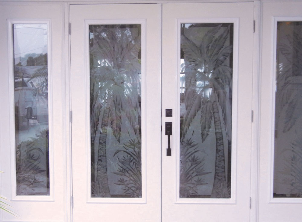 Etched Hurricane Impact Tropical Glass Doors